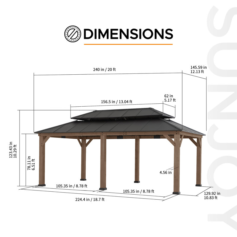 SUNJOY 12 x 20 ft. Wood Gazebo, Outdoor Patio Cedar Framed Wooden Hardtop Gazebo with 2-Tier Metal Roof, Suitable for Patios, Lawn, and Backyard, Dark Brown Roof + Dark Wood Frame