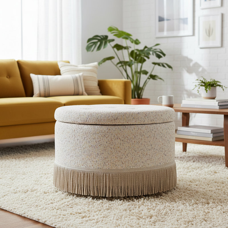 Fully Assembled Round Linen Blend Storage Ottoman with Tassel Trim, Beige Linen