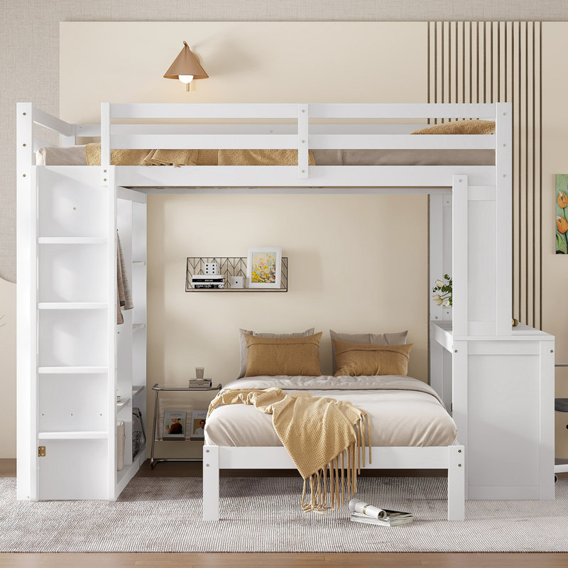 Lit superposé avec lit inférieur démontable et bureau, structure de lits superposés en bois massif avec tablettes intégrées et garde-robe, peut être converti en lit mezzanine