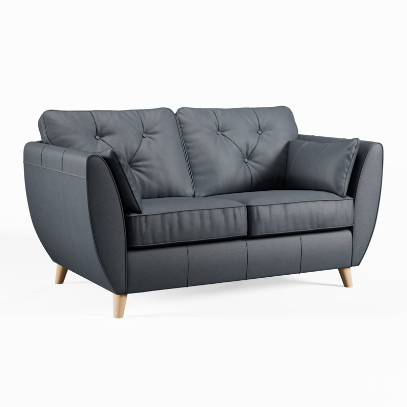 Marylin 2 Seater Leather Tufted Sofa, Navy, Light Wood