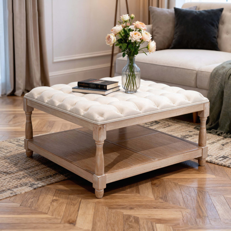 Table basse carrée capitonnée avec repose-pieds et tablette de rangement (33 po)