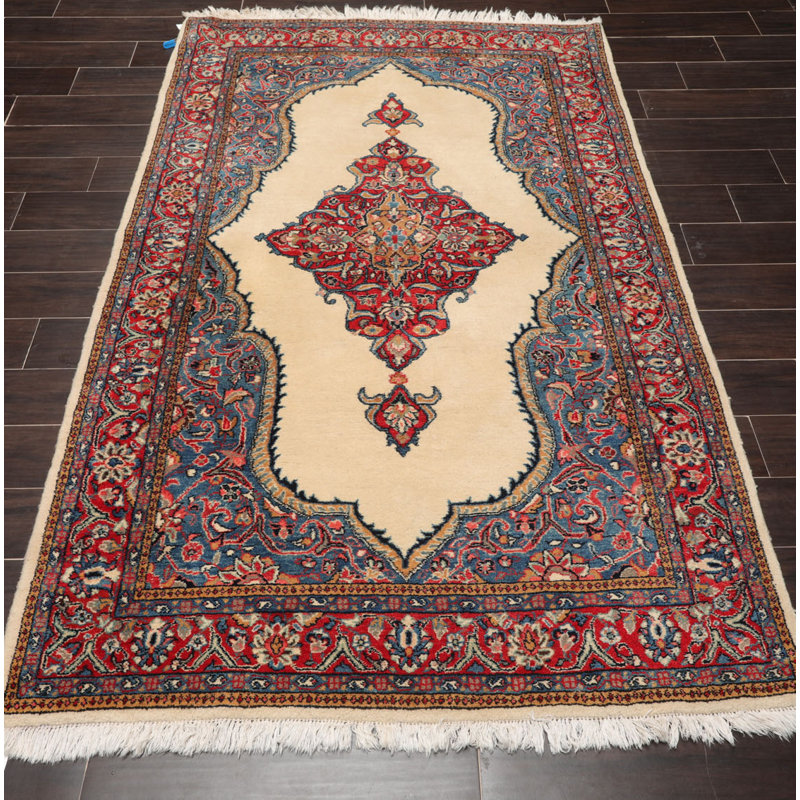 Tapis rouge / beige en laine noué à la main de conception unique 4 pi 4 po x 6 pi 5 po Jaronda