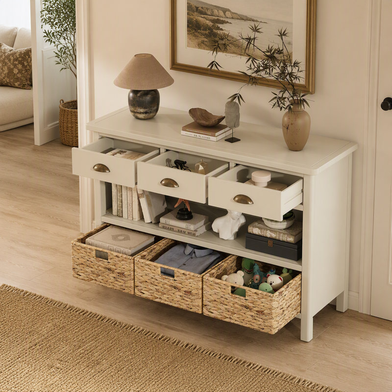Console rétro avec 3 tiroirs et paniers tissés, table d'entrée en bois blanc antique pour le couloir et le salon