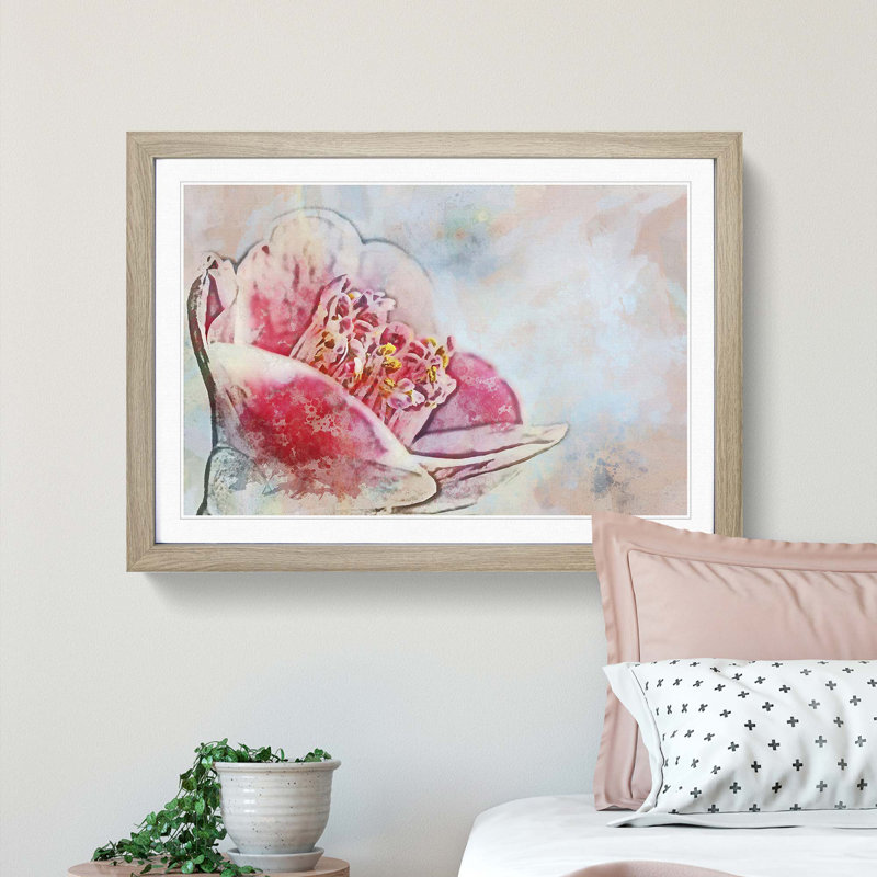 Blossoming Pink Camellia Flower in Abstract - Picture Frame Painting Print, Oak Framed, 62cm H x 87cm W x 2cm D