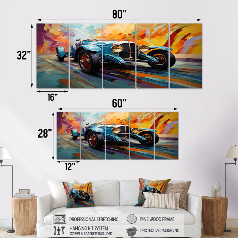 Ensemble de 5 reproductions d'art murales bleues et jaunes, "Race Tracks II", H 28 po x l 60 po