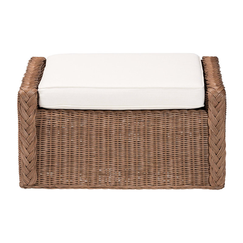 Bohemian Foot Stool Constructed From Natural With Braided Detailing, Removable Foam - Padded Fabric Cushion, Versatile As Footstool Or Extra Seat, Fully Assembled, Brown, 25.08 In Depth, 28.17 Width,