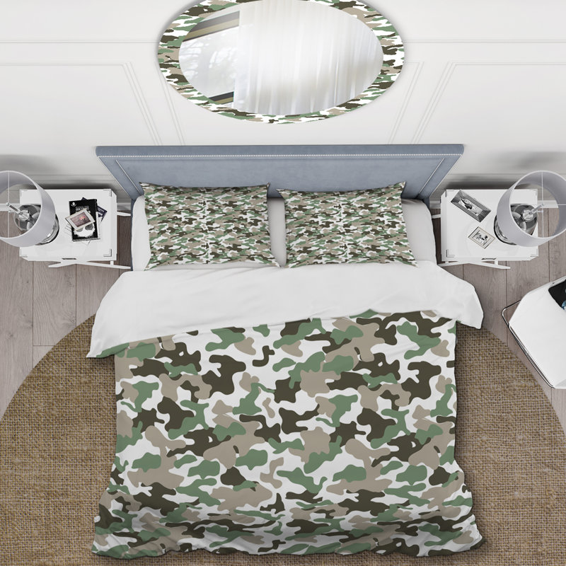 Camouflage vert et blanc - ensemble de housse de couette abstrait - microfibre de polyester