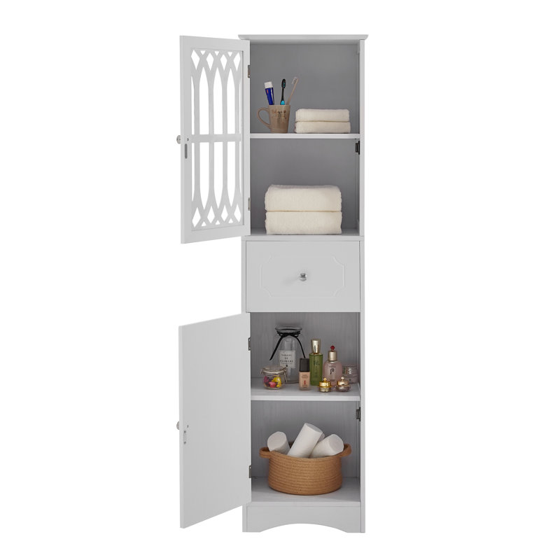 Armoire de rangement blanche pour salle de bain haute avec tiroir et porte pour tablette réglable, 2 portes, Blanc