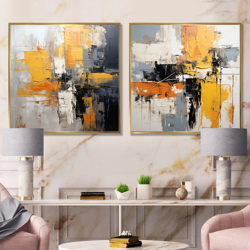 Cordarro - Ensemble de 2 reproductions de toiles abstraites, Cadre flottant doré, H 30 po x l 61 po x P 1 po