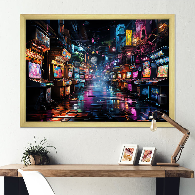 Neon Arcade - jeu vidéo grand art mural, Cadre doré à coins fermés, H 16 po x l 32 po x P 1 po