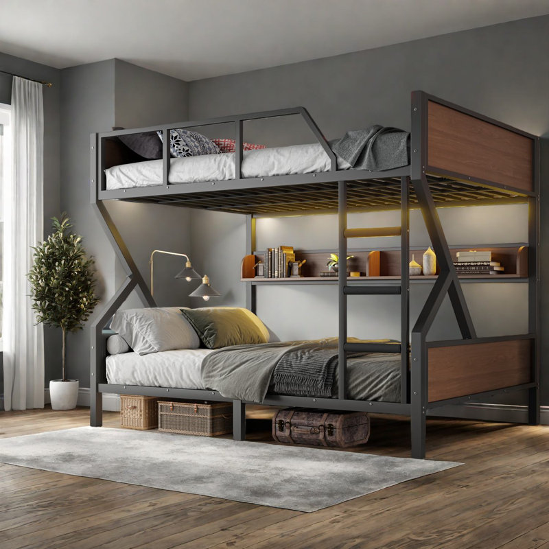 Lits superposés modernes en métal avec tablettes de rangement, peu encombrants, noir
