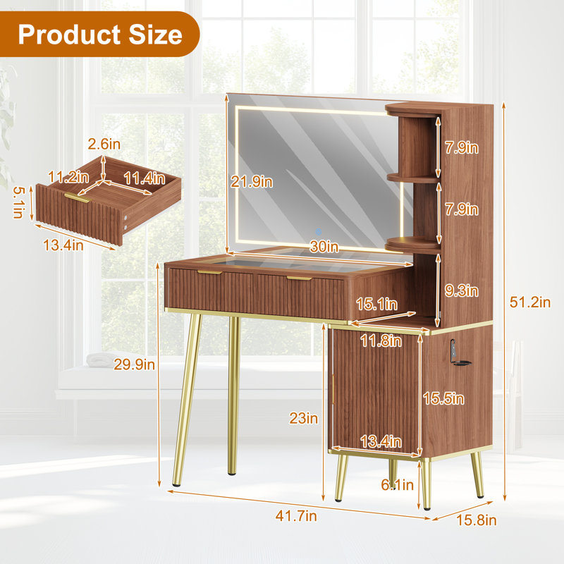  Swivel Makeup Vanity with LED Mirror, 41.7" Modern Dressing Table with 360° Rotating Storage & Tempered Glass Top, Built-in Charging Station and 2 Drawers for Bedroom, Brown