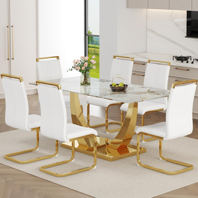 Ensemble de table de salle à manger moderne 71 po, plateau en verre trempé avec base en métal doré, chaises en cuir PU, ensemble de salle à manger de luxe