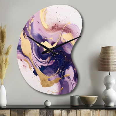 Mauve et or Strokes I - grande horloge murale mauve - forme unique