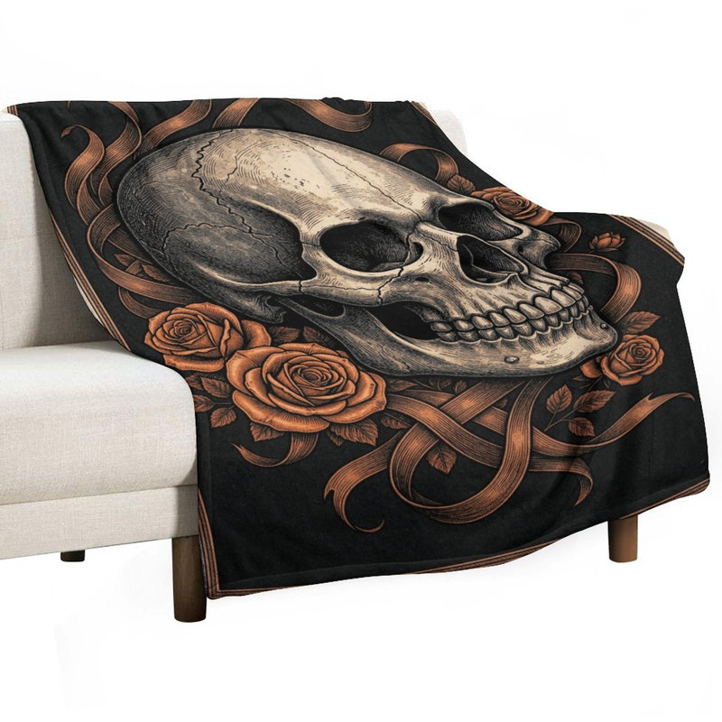 Jeté en flanelle Skull With Roses, 50 x 60 po