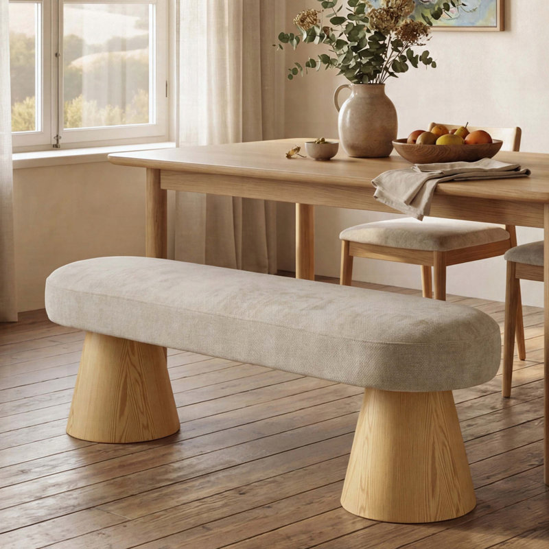 Banc de salle à manger avec tissu chenille avoine, pieds fuselés en pin, capacité de 300 lb