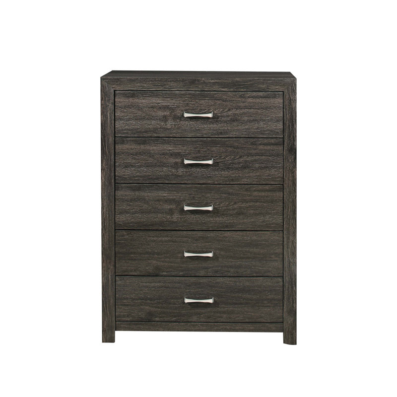 Commode 5 tiroirs contemporaine avec finition gris foncé et poignées chromées pour un rangement moderne dans la chambre à coucher