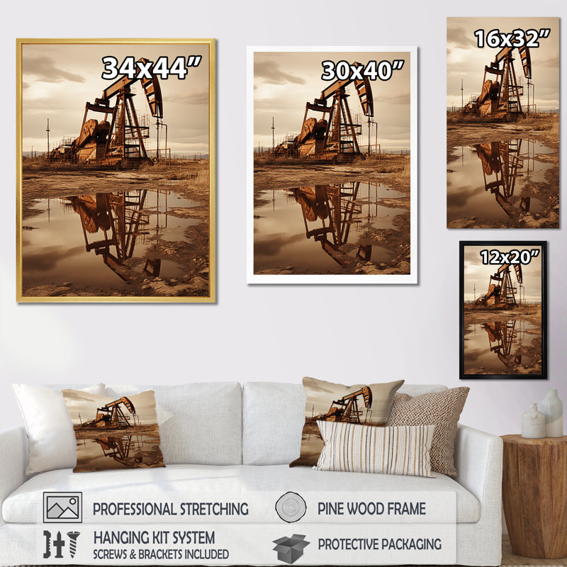 «Modern Sepia Drilling Rig Field I», reproduction sur toile, H 44 po x l 34 po x P 1,5 po, Cadre doré simple