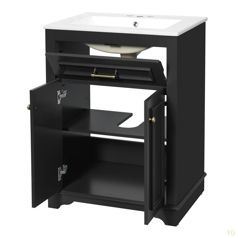 Meuble-lavabo 24 po avec lavabo en céramique intégré, armoire de salle de bain avec 2 portes, 1 tiroir basculant et meuble-lavabo simple pour salle de bain de petite et moyenne taille