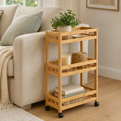 Bamboo 3-Tier Shelf with Wheel– Mobile Kitchen and Storage Organizer
