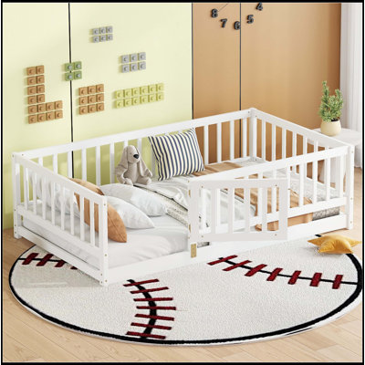 Twin Size Floor Bed With Slats, Montessori Floor Bed With Fence And Door, Kids Montessori Bed Twin Size, Wood Montessori Floor Bed For Kids, Girls, Boys(Twin White)