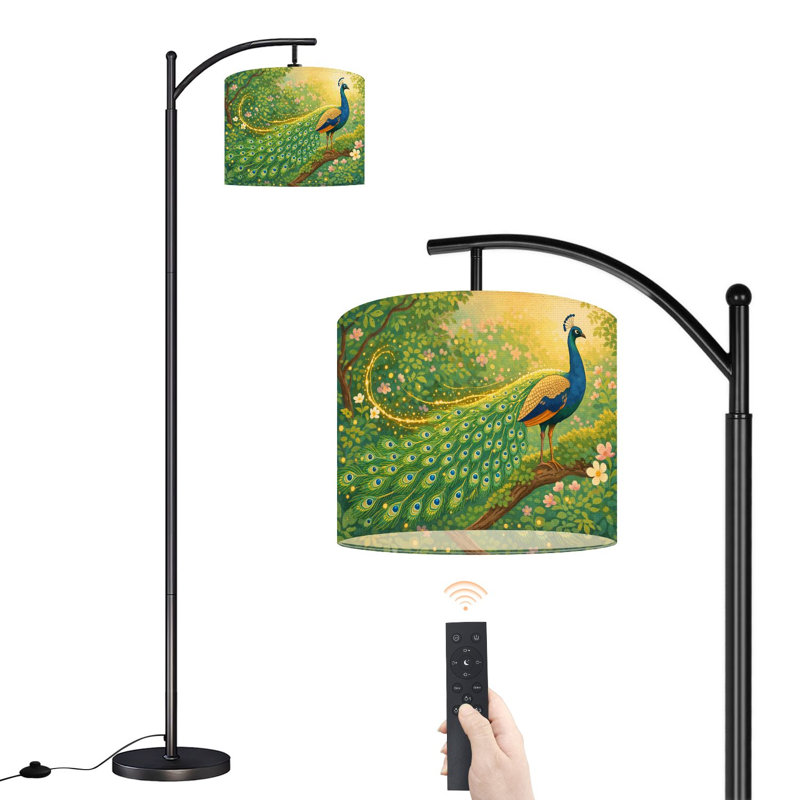 Arc Floor Lamp with Adjustable Lampshade Garden Dawn Ethereal Peacock Standing Lamp 3 Color Temperatures Dimmable Tall Pole Lamp with Foot Switch for Bedroom