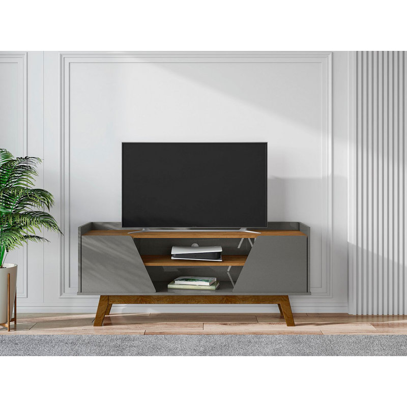 Marcus 53'' Mid-Century Modern 4-Shelf TV Stand for TVs up to 55" in Dark Sage Gray and Brown, Gray/Nature