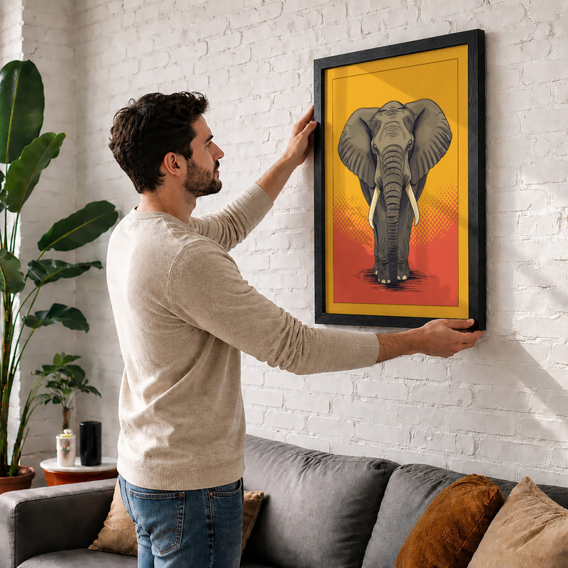 Elephant in Warm Light Modern - Framed Print, A4 - 29.7 x 21.0 cm, Oak