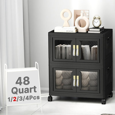 2-Tier Black Stackable Foldable Storage Bins with Lid & Wheels