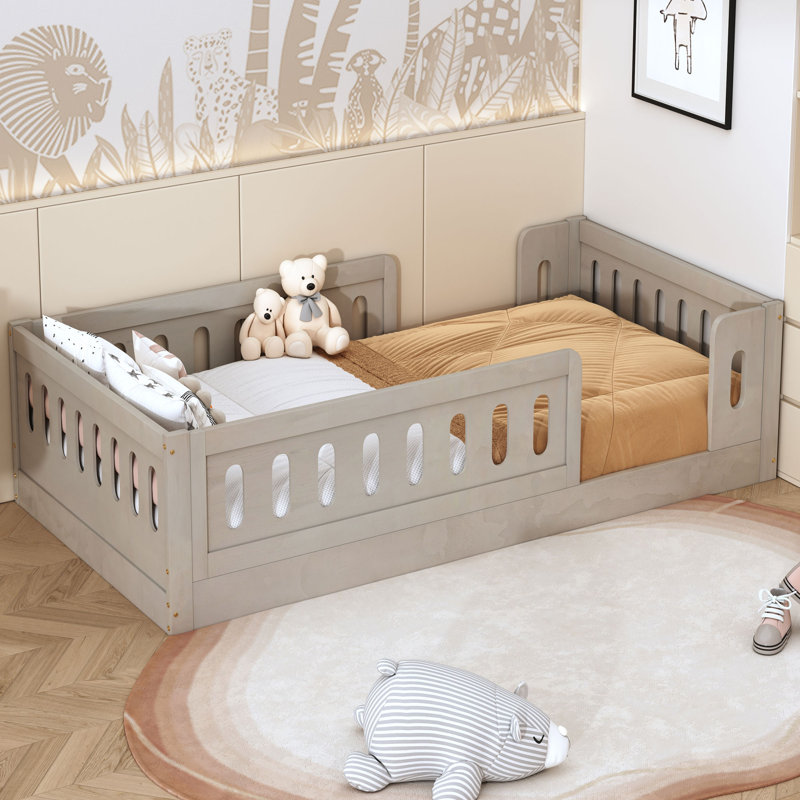 Wood Floor Bed with Semi-Enclosed Guardrails, Natural, Twin