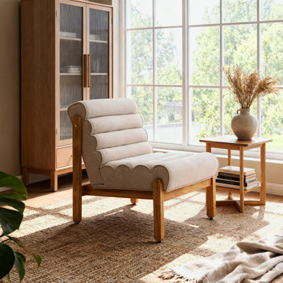 Fluffy Dark Beige Accent Chair With Natural Solid Wood Frame