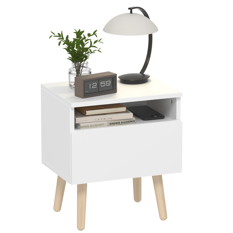 Modern Single Drawer Nightstand,Vintage Bedside Table, White, Individual