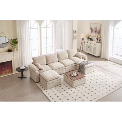 130'' 4-Seat Chenille Sectional With Three Ottomans