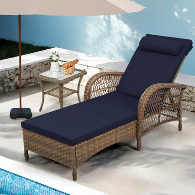 Méridienne d'extérieur avec table d'appoint, méridienne en rotin toutes saisons avec coussin, fauteuil inclinable à 6 positions pour bronzer au bord de la piscine, avec accoudoirs et coussins, bleu marine