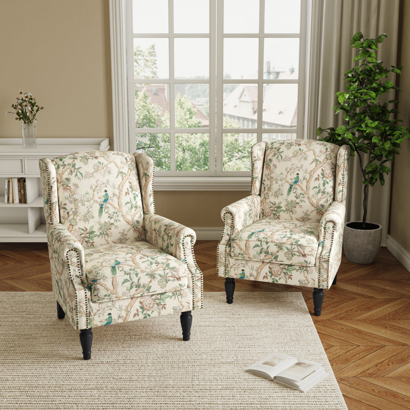 Duward Bird Floral Upholstered Wingback Accent Chair with Nailhead Trim, Bird 