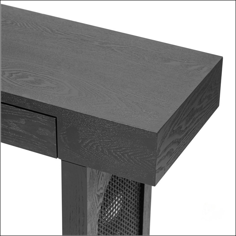 Narrow Console Table With Rattan Accent, Antique Black