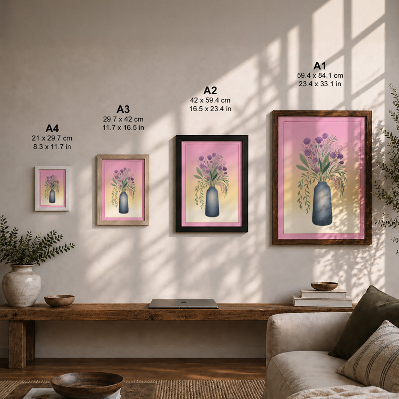 Purple Blooms in Blue Botanical - Framed Print, A3 - 42.0 x 29.7 cm, Oak