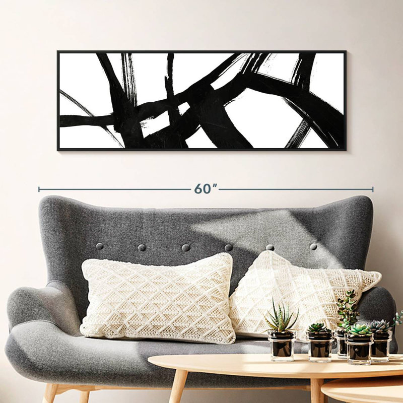 Encre noire stries V, 31 po x 11 po, Cadre flottant noir