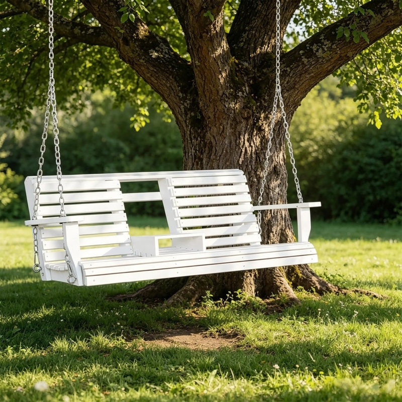 Balancelle de véranda en bois à 3 places d'une capacité de poids de 440 lb, banc de patio avec table basse pliante, porte-gobelets et chaînes inclus