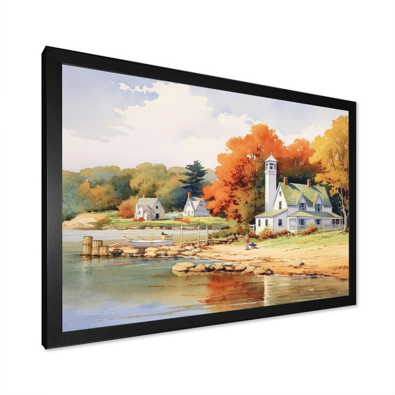 Connecticut's Lake Village Charm II - reproduction sur toile, H 30 po x l 40 po x P 1,5 po, Cadre photo noir