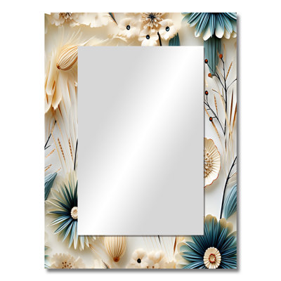 Arbenora Blue And White Coastal Retreat Seashells - Floral Wall Mirror, Floral Decorative Mirror, Printed Metal Art