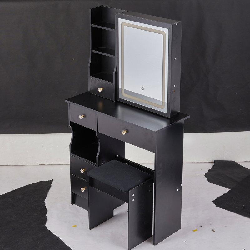 29.2" Small Size Left Drawer Desktop Vanity Table With Cushioned Stool, Large Sliding, Touch Control, Tri-Color Switching, Brightness Adjust Led Mirror, High Capacity Storage, Suitable For Small Space