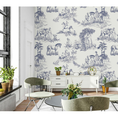 Blue Toile Equestrian Scene Wallpaper on White