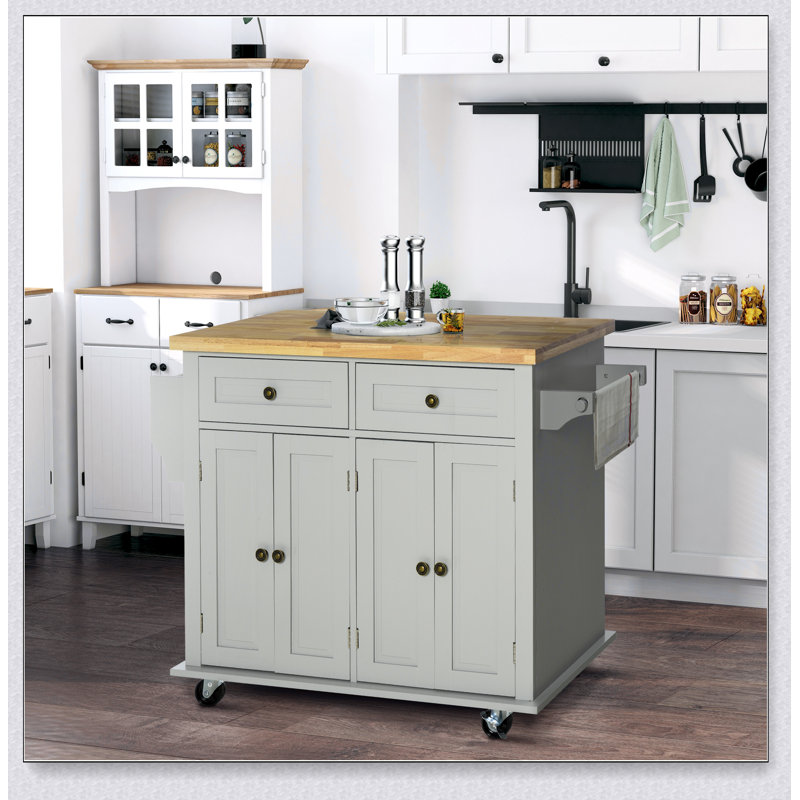 Îlot de cuisine sur roulettes, plateau en bois d'hévéa, porte-épices, porte-serviettes, tiroirs, gris, Gris