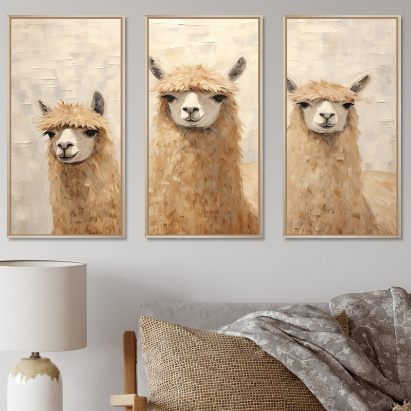 Minimalisme mignon Alpacas - ensemble d'art mural sur toile Alpacas, H 28 po x l 36 po, Cadre naturel flottant