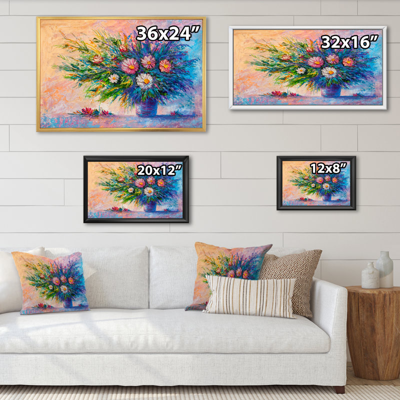 Bouquet moderne de fleurs de marguerite - œuvre d'art traditionnelle sur toile, H 8 po x l 12 po x P 1 po