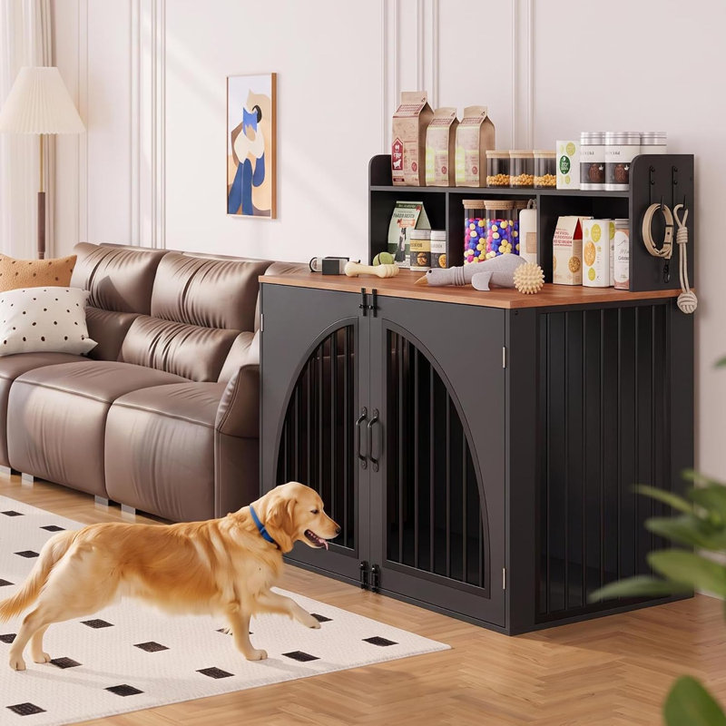 Cage pour chien avec rangement ouvert, Médium, Noir + noyer
