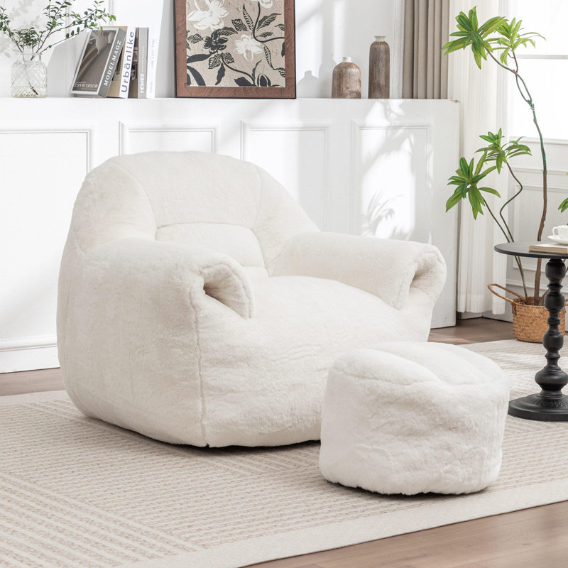 Fauteuil à billes confortable avec dossier et repose-pieds Comfy, Fausse fourrure blanche