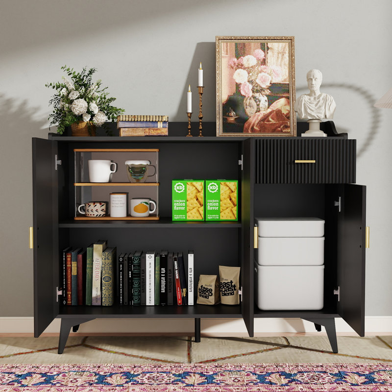Buffet 47 po, commode moderne 4 portes avec tablettes réglables
