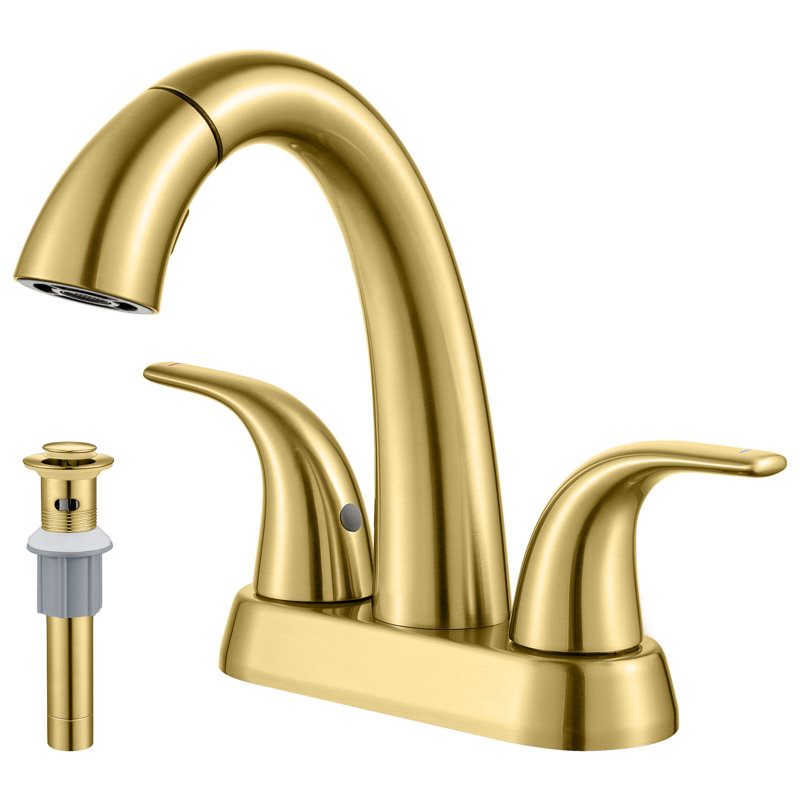 Robinet de lavabo de salle de bain à double poignée, entraxe de 10 cm, bec extractible et deux modes de fonctionnement, avec bonde escamotable.